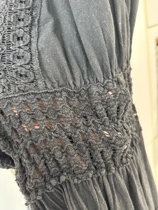 Black Dark Cottagecore Whimsigoth Midi Dress Romantic Lace Crochet Embroidery - Picture 6 of 14